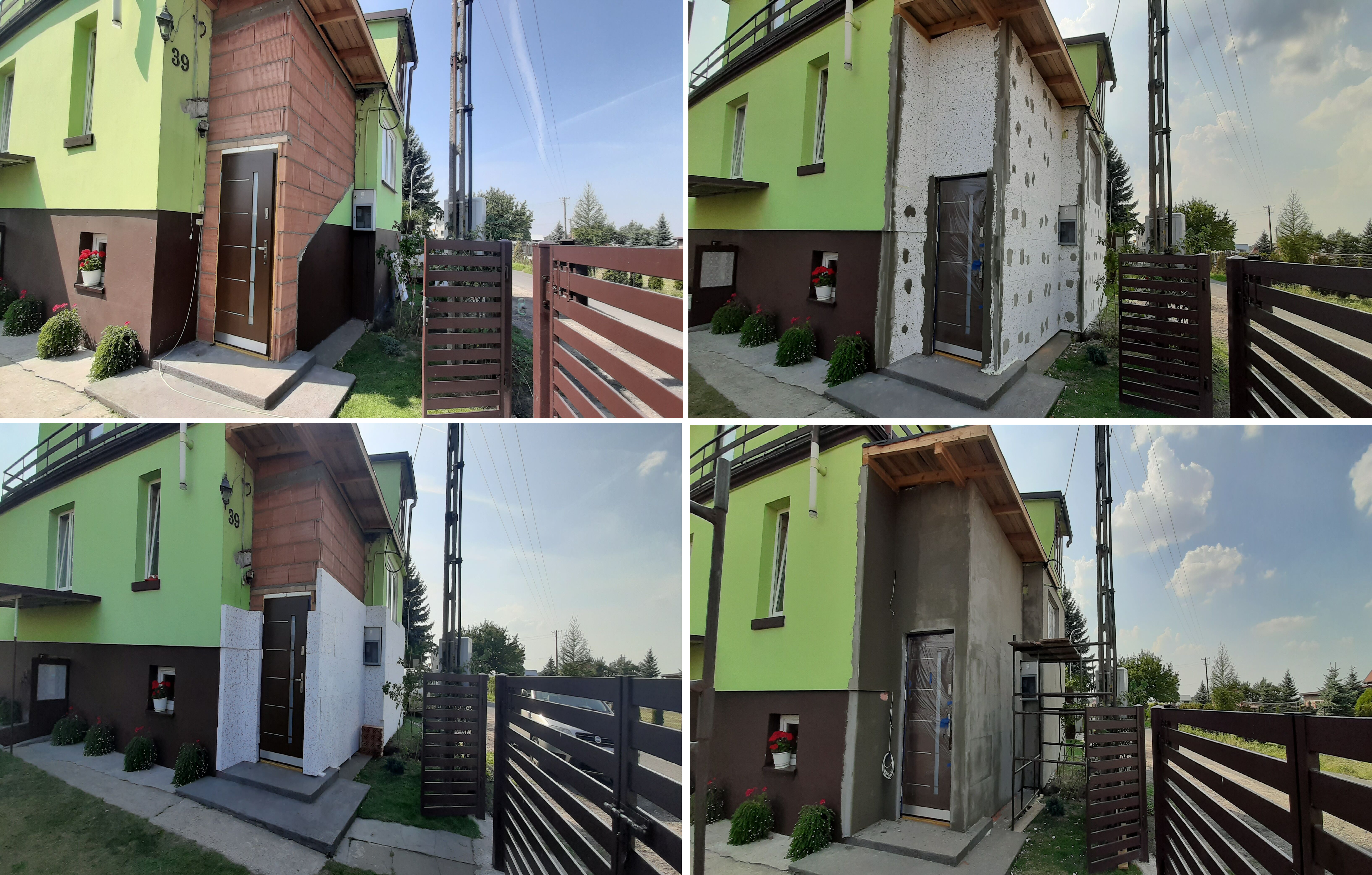 Dom w trakcie ocieplania ścian zewnętrznych: fragment elewacji z nałożonym styropianem, fragment z tynkiem szarym, widoczna boczna ściana z numerem 39, brązowe okno i drzwi wejściowe, zieleń...