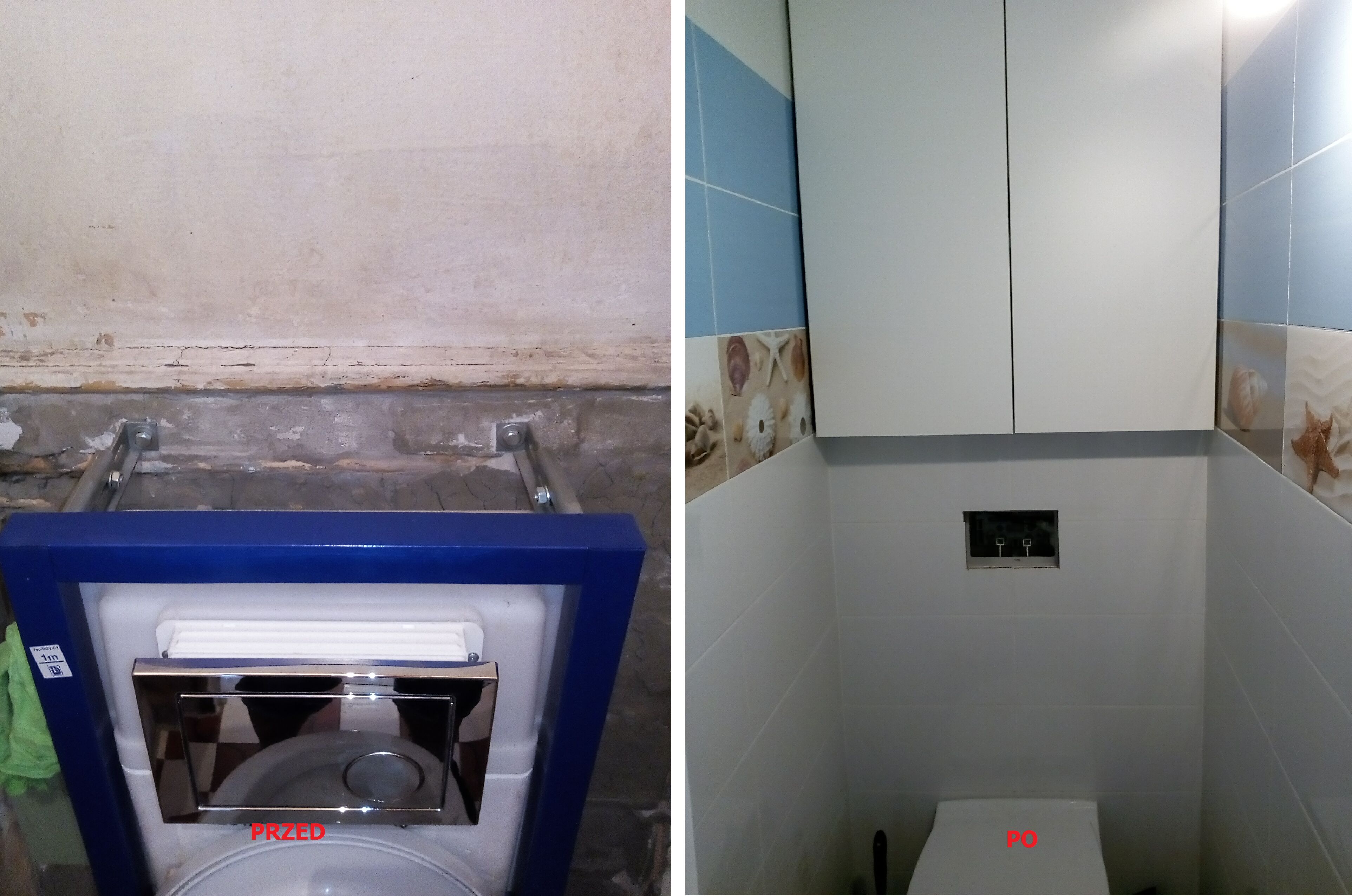 Porównanie stanu łazienki przed i po: surowa ściana z instalacją podtynkową WC kontra wykończona łazienka z zabudową, płytkami i dekoracyjnymi motywami morskimi.