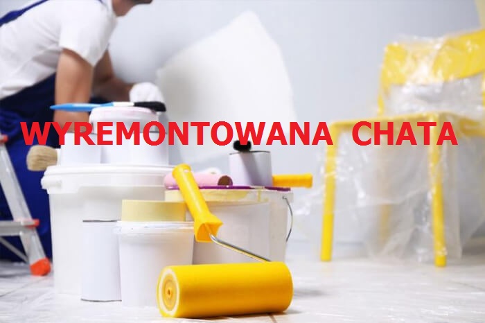 Malarz w trakcie pracy, widoczne pędzle, wałki i pojemniki z farbą, zabezpieczone folią meble i podłoga.