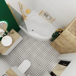 Wizualizacja łazienki z białymi sanitariatami, wanną narożną, drewnianą szafką pod umywalką i zieloną ścianą z podświetlanym lustrem, widok z góry na wzorzystą podłogę.