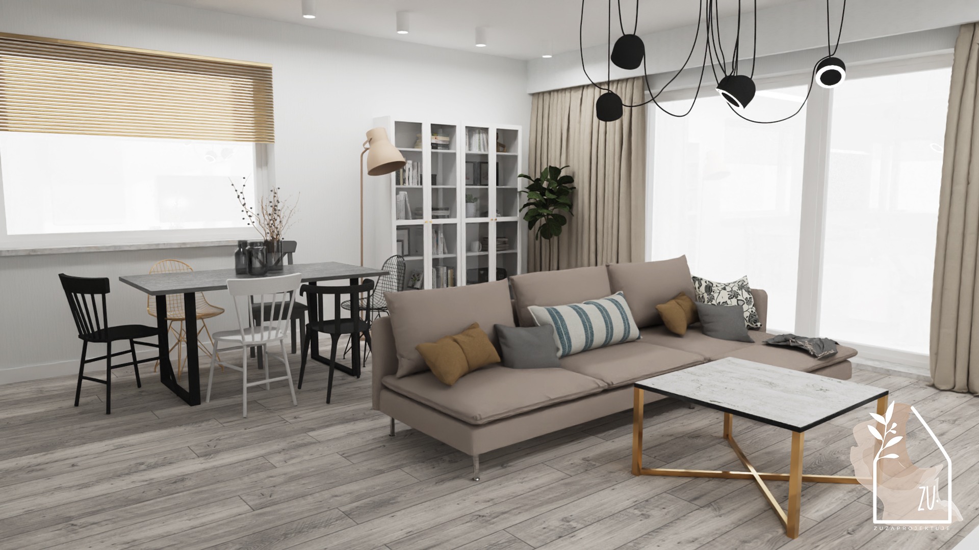 Zuzaprojektuje | Projektowanie wnętrz & grafika | PROJEKT POKOJU DZIENNEGO Z ANEKSEM KUCHENNYM