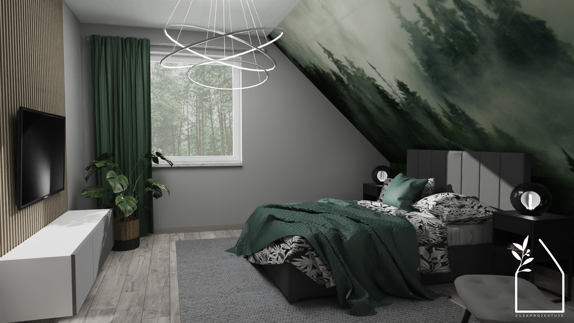 Sypialnia na poddaszu z tapetą leśną, łóżkiem z zieloną narzutą i lampkami nocnymi w kształcie kuli, widok na okno z zielonymi zasłonami i wisząca lampa o nowoczesnym kształcie.
