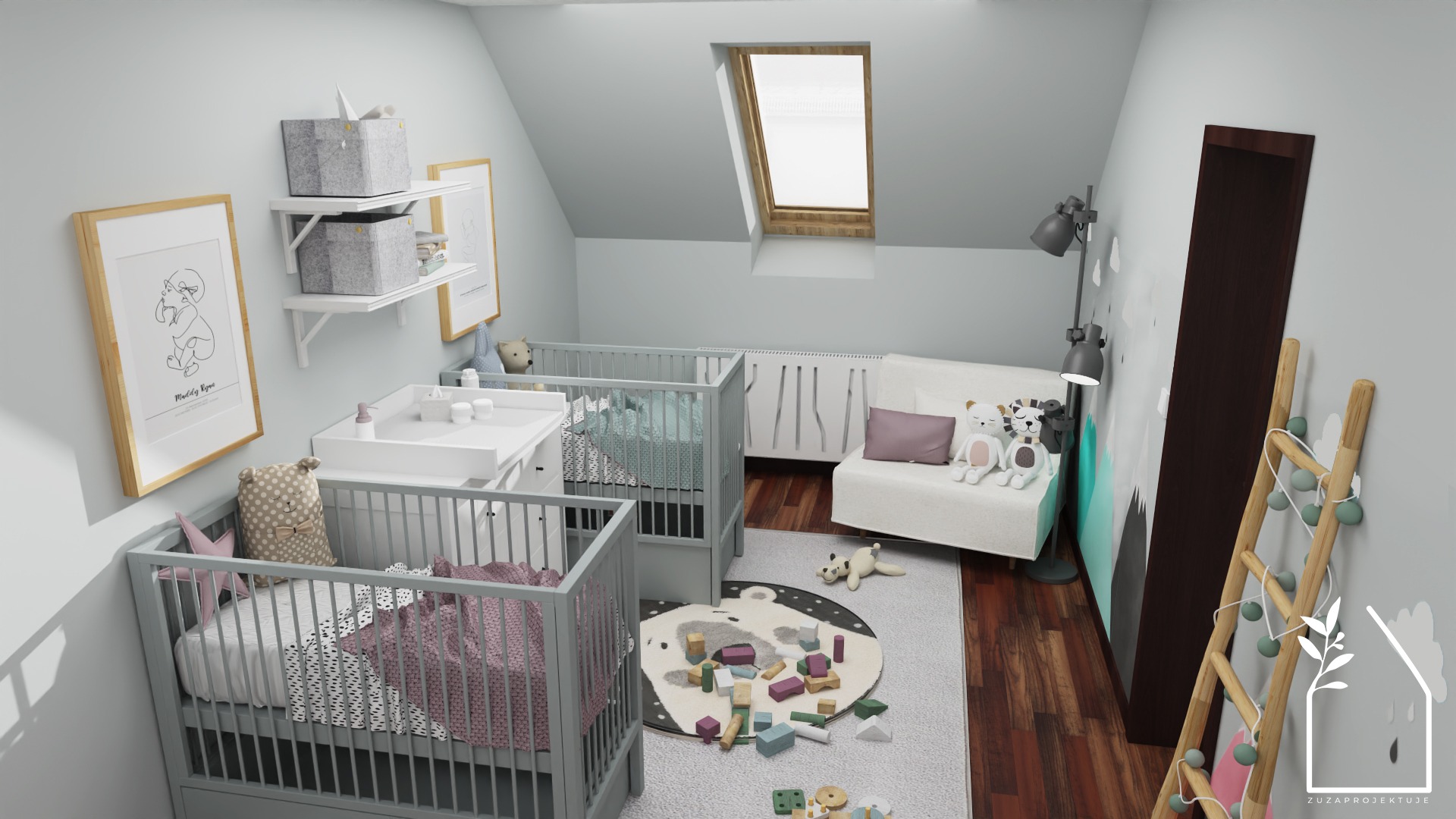Zuzaprojektuje | Projektowanie wnętrz & grafika | PROJEKT POKOJU BLIŹNIAKÓW - NIEMOWLĄT
