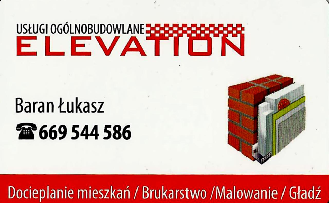 Wizytówka firmy budowlanej: ELEVATION, Baran Łukasz, numer telefonu, grafika przekroju warstw izolacji ściany, usługi docieplania, brukarstwa, malowania i gładzi.