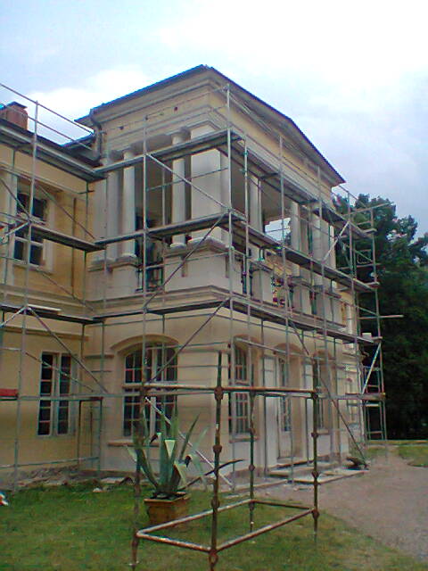 Renowacja elewacji zabytkowego budynku z kolumnami, widoczne rusztowania i donica z agawą przed budynkiem.