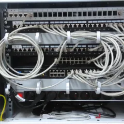 Otwarta szafa rack z panelami krosowniczymi, switchami i uporządkowanymi kablami zakończonymi wtykami RJ45, widoczne gniazda zasilające i przewód uziemiający.