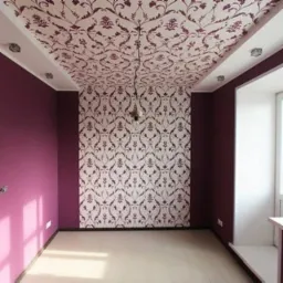 Pusty pokój z fioletowymi ścianami i ozdobną tapetą w kwiatowe wzory na suficie i jednej ścianie, jasna drewniana podłoga, minimalistyczne oświetlenie sufitowe i wisząca lampa.