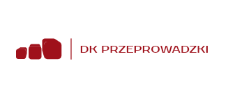 Logo firmy DK Przeprowadzki z trzema czerwonymi, stopniowo rosnącymi ikonami pudeł po lewej stronie i pionową linią oddzielającą je od nazwy firmy po prawej.