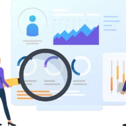 Kobieta z powiększającą lupą analizuje dane na wykresach, obok mężczyzna trzymający dokumenty, ilustracja prezentująca analizę danych i statystyk.