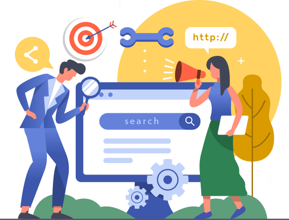 Ilustracja przedstawiająca mężczyznę z lupą przy ekranie z paskiem wyszukiwania, obok kobieta z megafonem i dymkiem z napisem 'http://', w tle tarcza strzelecka, klucz francuski i koła zębate.