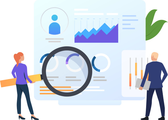 Kobieta z powiększającą lupą analizuje dane na wykresach, obok mężczyzna trzymający dokumenty, ilustracja prezentująca analizę danych i statystyk.