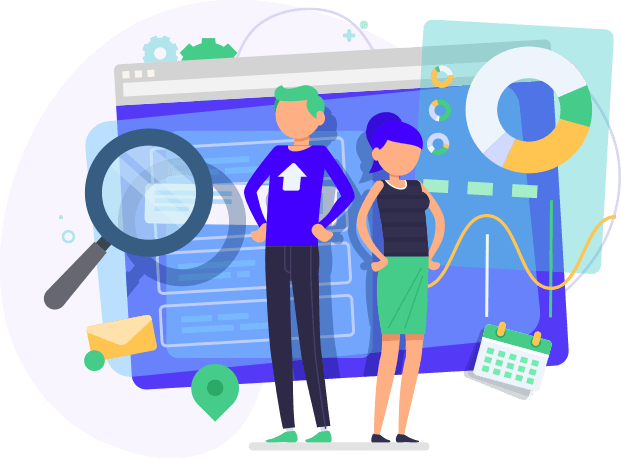 Stylizowana ilustracja przedstawiająca zespół analizujący dane internetowe, z powiększającą lupą, wykresem kołowym i kalendarzem.