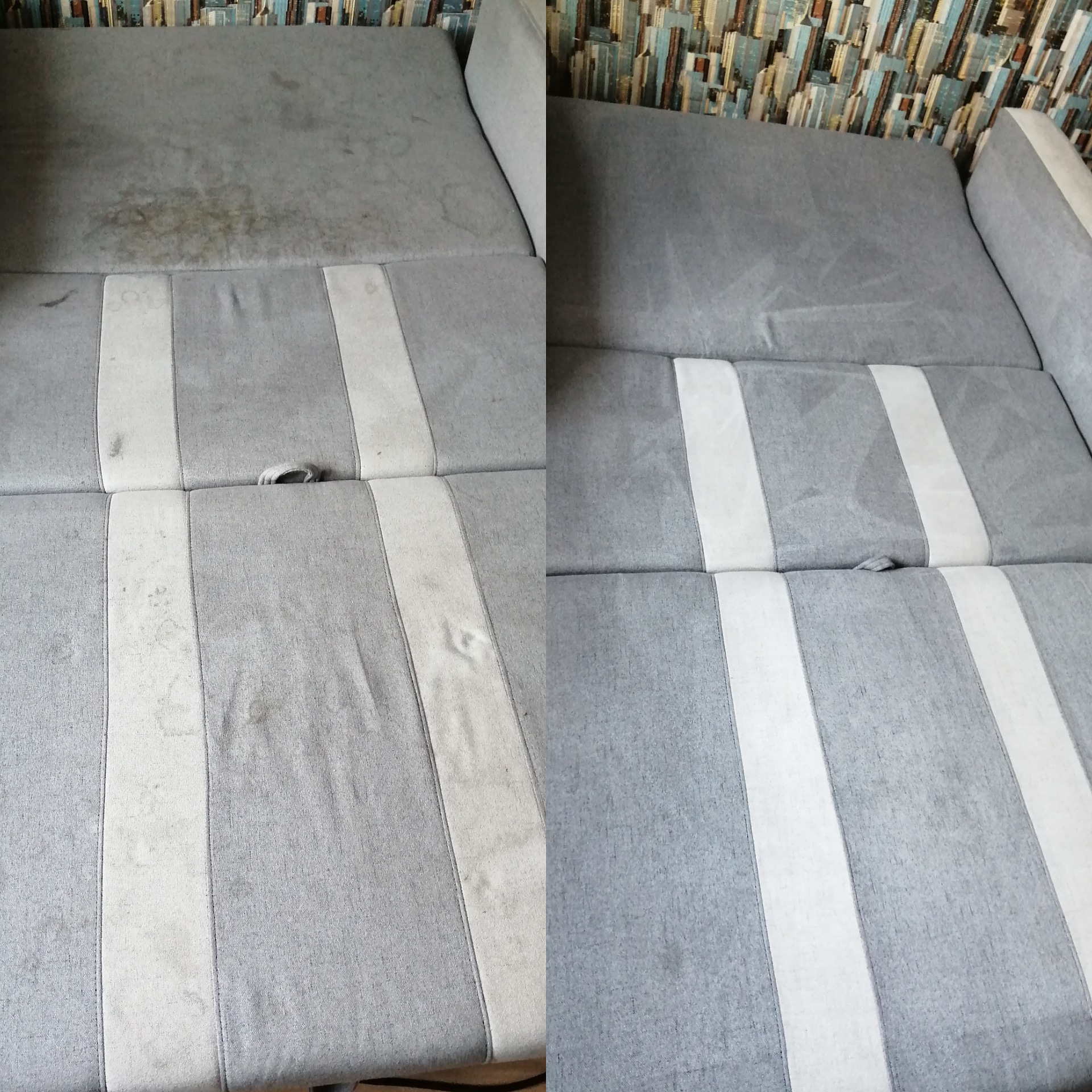 Szara kanapa w paski, widok przed i po czyszczeniu, po lewej stronie widoczne zabrudzenia, po prawej czysta powierzchnia, na tle tapeta w motywy miejskie.