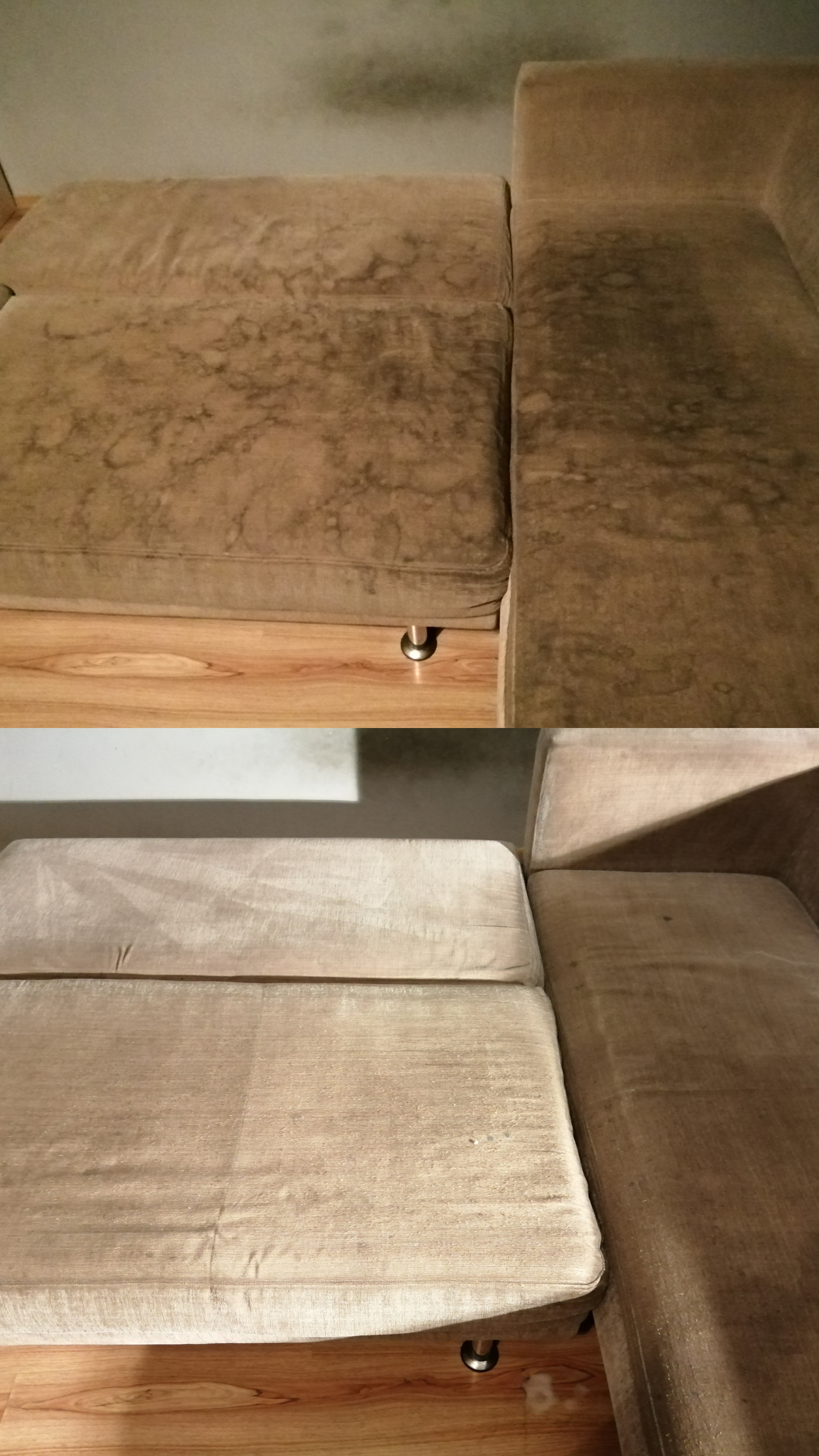 Dwuczęściowa kanapa narożna z widoczną różnicą w czystości tapicerki: górna część przed, dolna po czyszczeniu, z bliska na drewnianej podłodze.