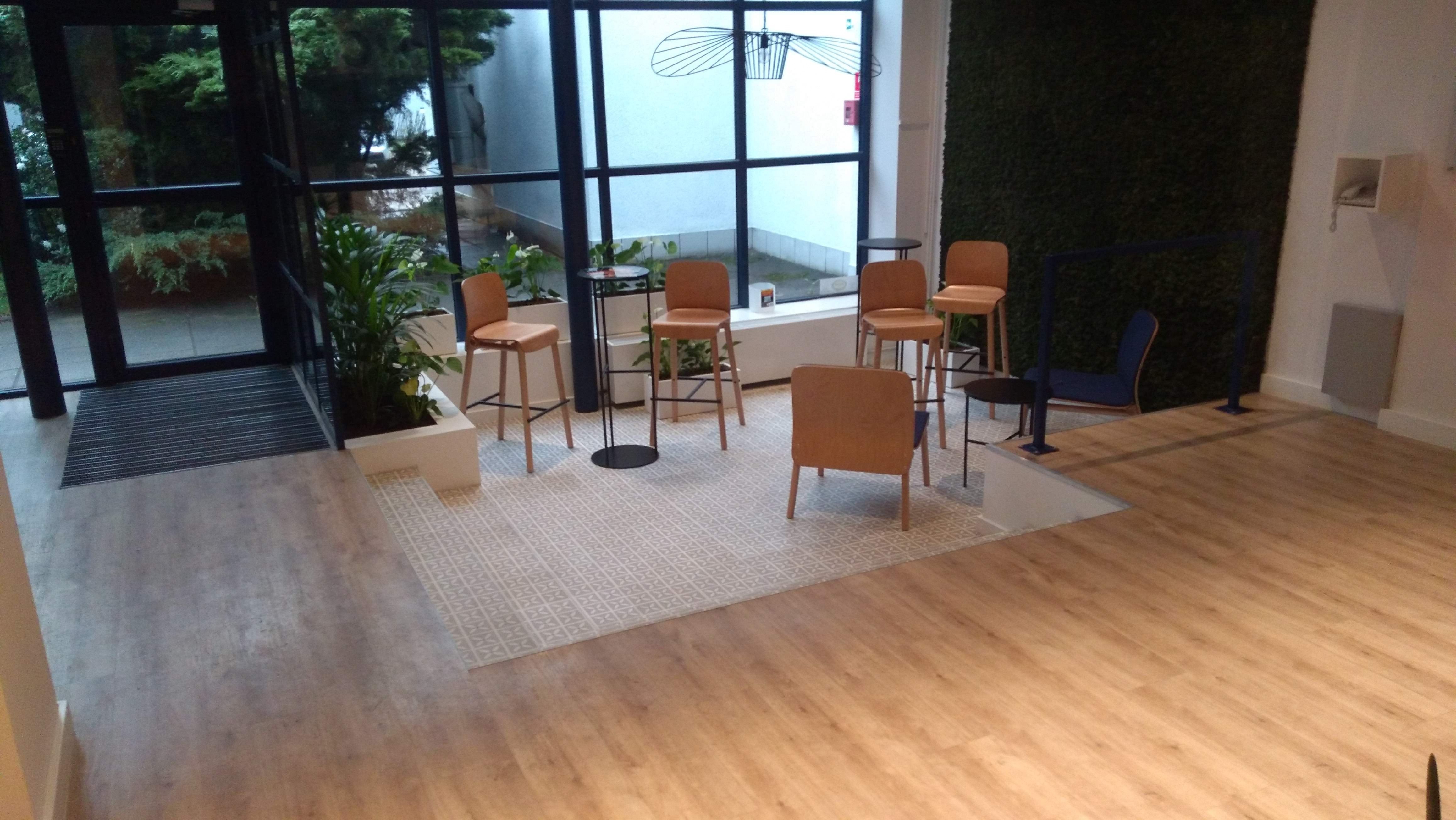 Wnętrze kawiarni z jasną drewnianą podłogą, wzorzystą wykładziną dywanową, wysokimi krzesłami barowymi z brązowymi siedziskami i roślinami w białych donicach przy oknie.