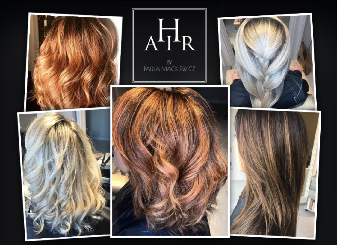 Kolaż zdjęć prezentujący różne koloryzacje i stylizacje włosów, w tym blond warkocz, rude fale i brązowe pasemka, otoczony czarnym tłem z logo salonu 'HAIR by Paula Mackiewicz'.