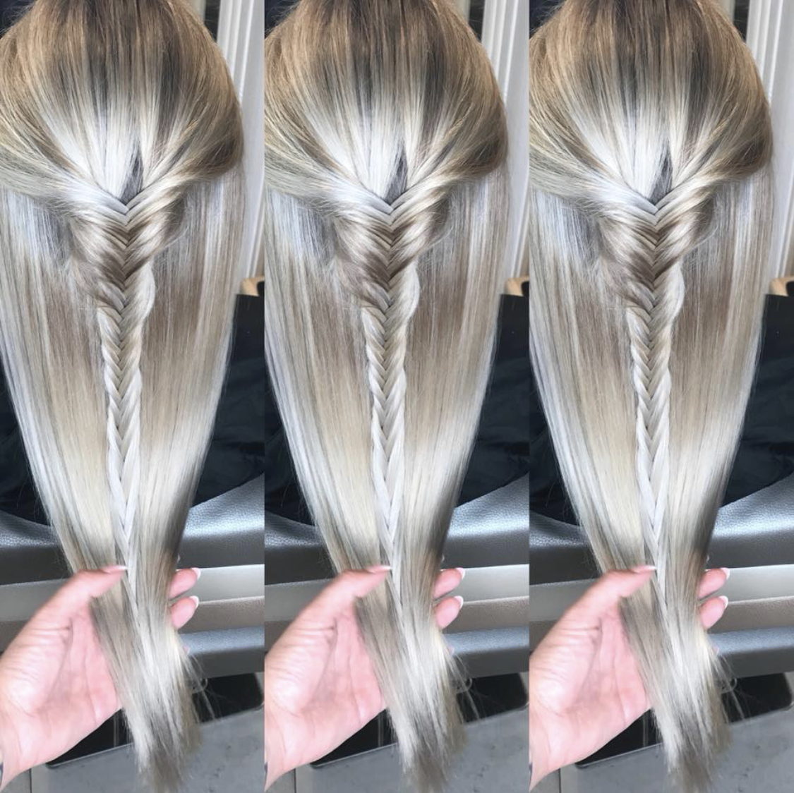 Blond włosy z zaplecionym warkoczem typu rybi ogon, trzymane w dłoni, widok z tyłu.