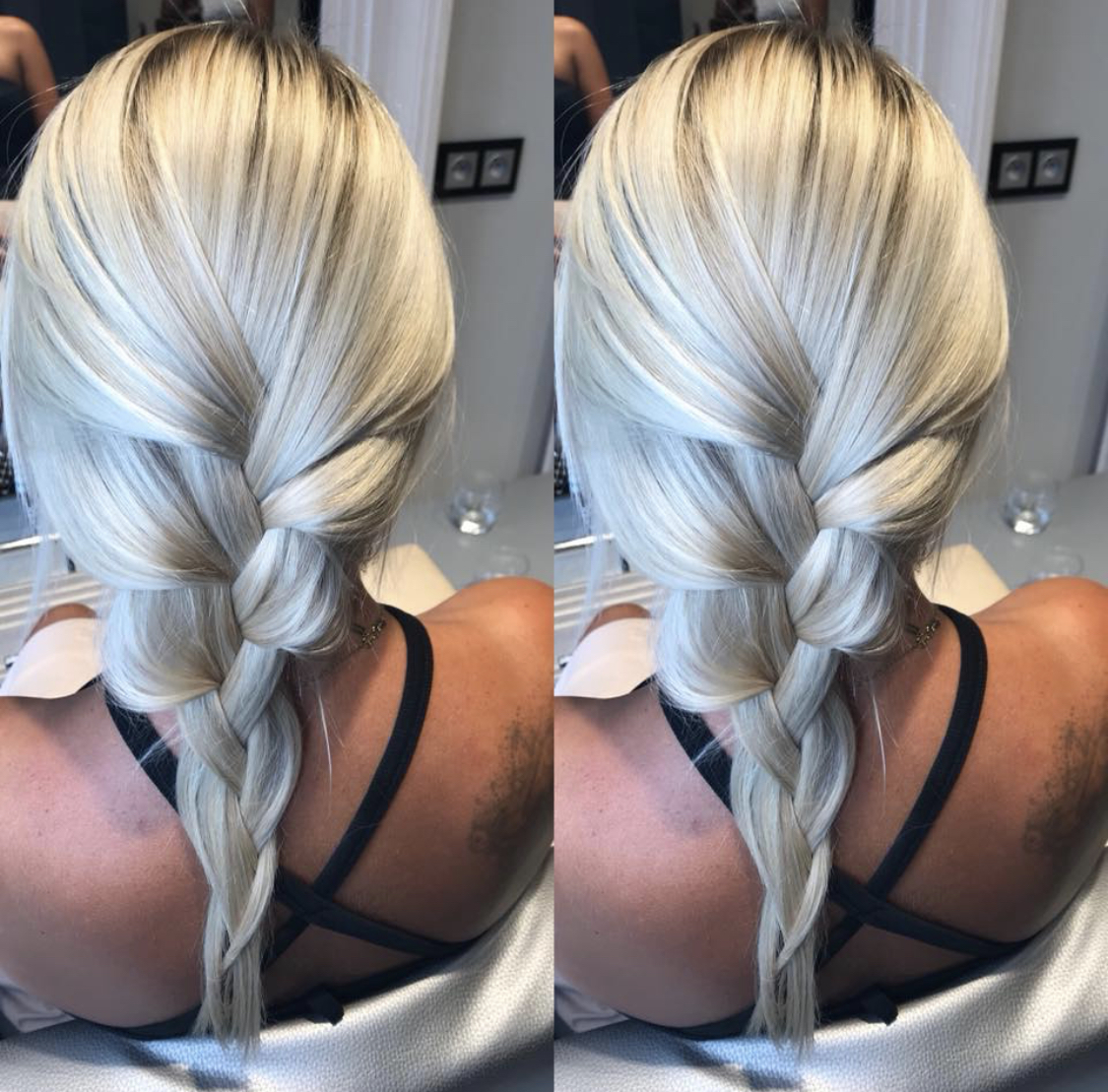 Blond włosy z delikatnymi ciemnymi pasemkami, zaplecione w warkocz na plecach, widok z tyłu, czarny top na ramiączkach.