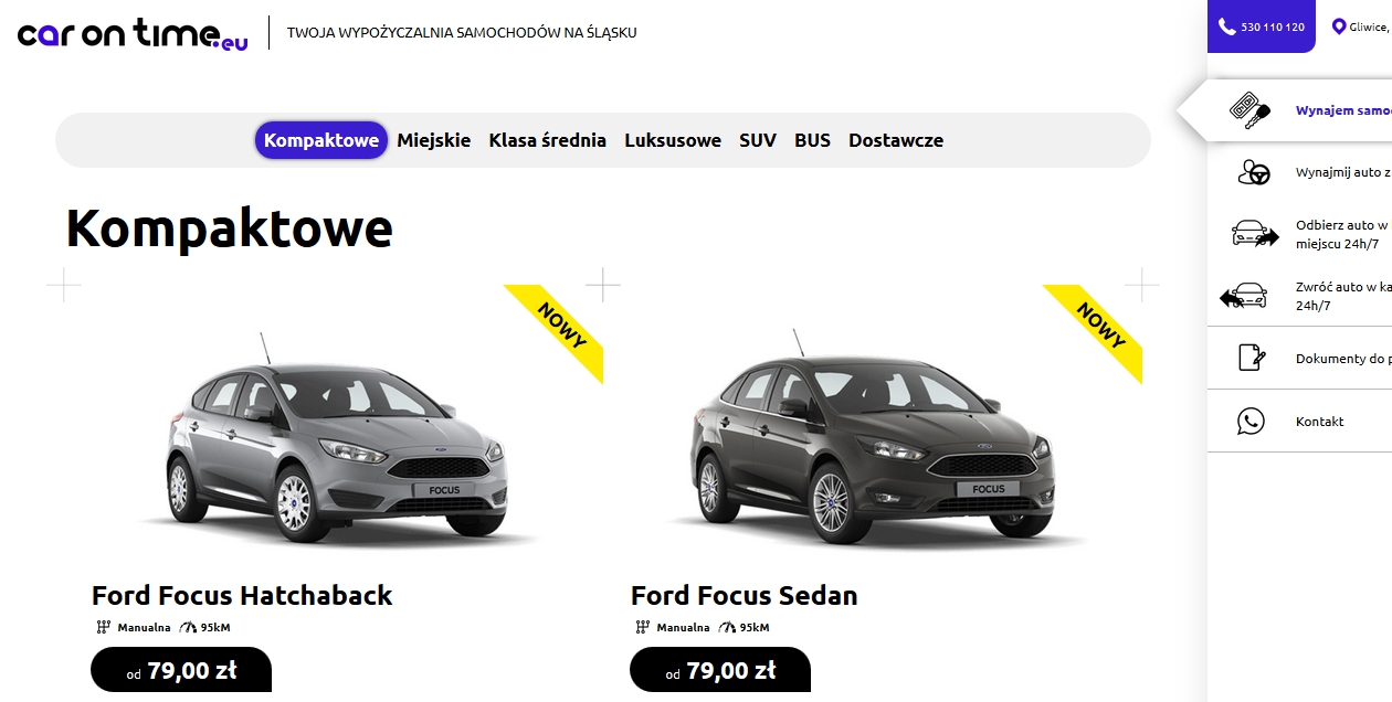 Dwa modele Ford Focus (hatchback i sedan) na stronie internetowej wypożyczalni samochodów w Gliwicach, oznaczone żółtymi etykietami 'NOWY' i informacją o cenie wynajmu.