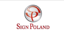 Logo firmy Sign Poland z czerwonym, stylizowanym napisem i symbolem w okręgu na białym tle.