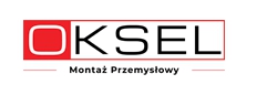 Logo firmy OKSEL z czerwonym kwadratem i napisem 'Montaż Przemysłowy' pod spodem.