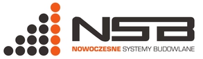 Logo firmy NSB Nowoczesne Systemy Budowlane z graficznym elementem po lewej stronie składającym się z czarnych i pomarańczowych kropek ułożonych w kształt rosnącego słupka.