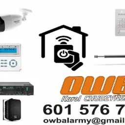 Kompozycja sprzętu do zabezpieczeń: kamera Hikvision, centrala alarmowa Satel, dom z symbolem zdalnego sterowania, domofon, siłownik do bramy, wzmacniacz HQM S-2120BC, głośnik VK, logo firmy OWB...