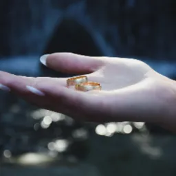 Dwa złote obrączki ślubne spoczywają na otwartej dłoni kobiety z białym manicure na tle rozmytego, ciemnego tła z bokeh.