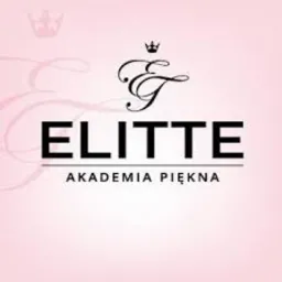 Logo Elitte Akademia Piękna na delikatnym różowym tle z koroną i ozdobnymi zawijasami.