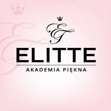 Logo Elitte Akademia Piękna na delikatnym różowym tle z koroną i ozdobnymi zawijasami.