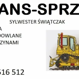 Ilustracja graficzna przedstawiająca ofertę firmy TRANS-SPRZĘT Sylwester Świątczak, specjalizującej się w wyburzeniach, robotach budowlanych, usługach maszynami, koparkach, spycharkach i dźwigach.