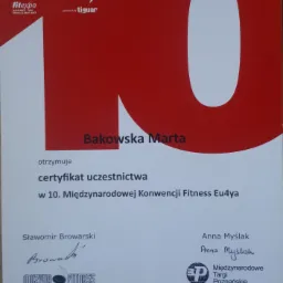 Certyfikat uczestnictwa w 10. Międzynarodowej Konwencji Fitness Eu4ya dla Marty Bakowskiej, wydany przez Międzynarodowe Targi Poznańskie, z logotypami Fitexpo i Tiguar.