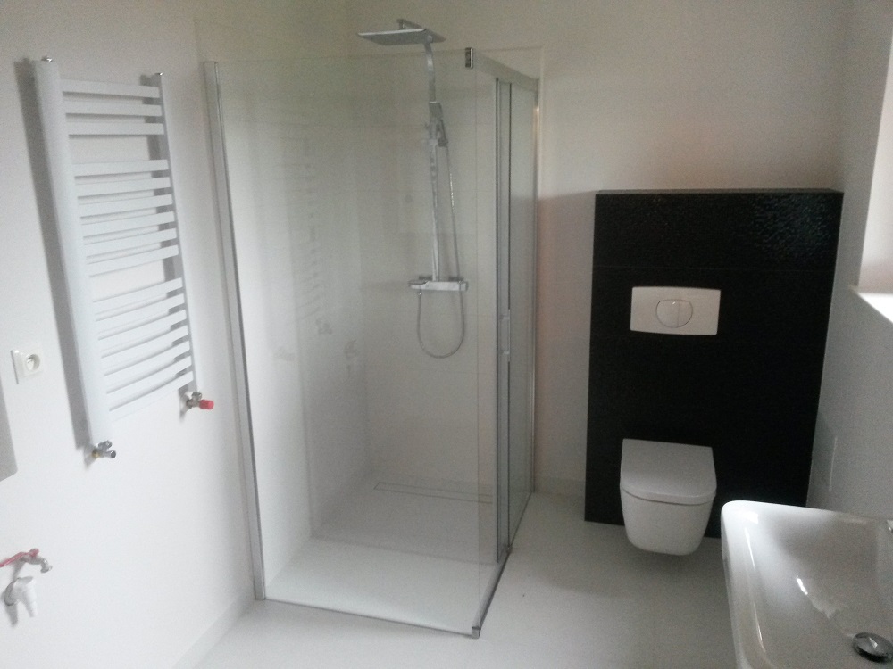 Nowoczesna łazienka z kabiną prysznicową typu walk-in, grzejnikiem drabinkowym, podwieszaną toaletą na tle czarnej ściany i białą umywalką.