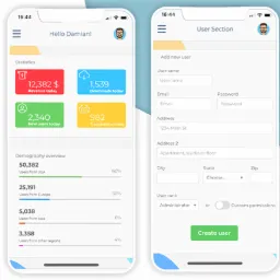 Ekrany aplikacji mobilnej z interfejsem użytkownika prezentujące statystyki, formularz dodawania użytkownika i okno wsparcia klienta, widoczne na smartfonach w Warszawie.