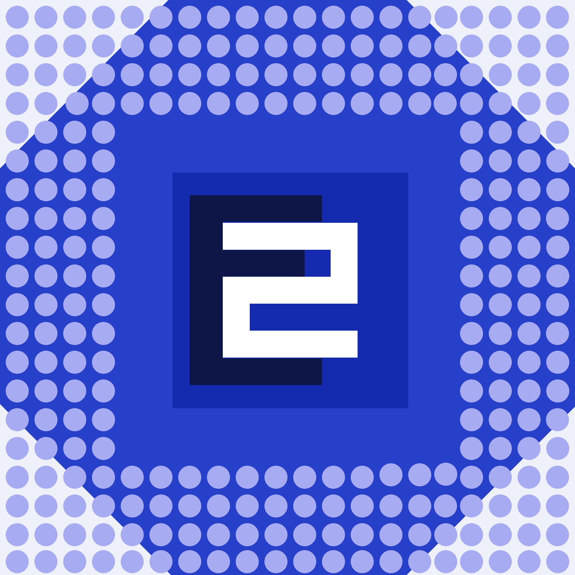 Abstrakcyjne logo firmy IT: biała liczba 2 na tle z koncentrycznych kwadratów w odcieniach niebieskiego, otoczona ramką z drobnych kółek.