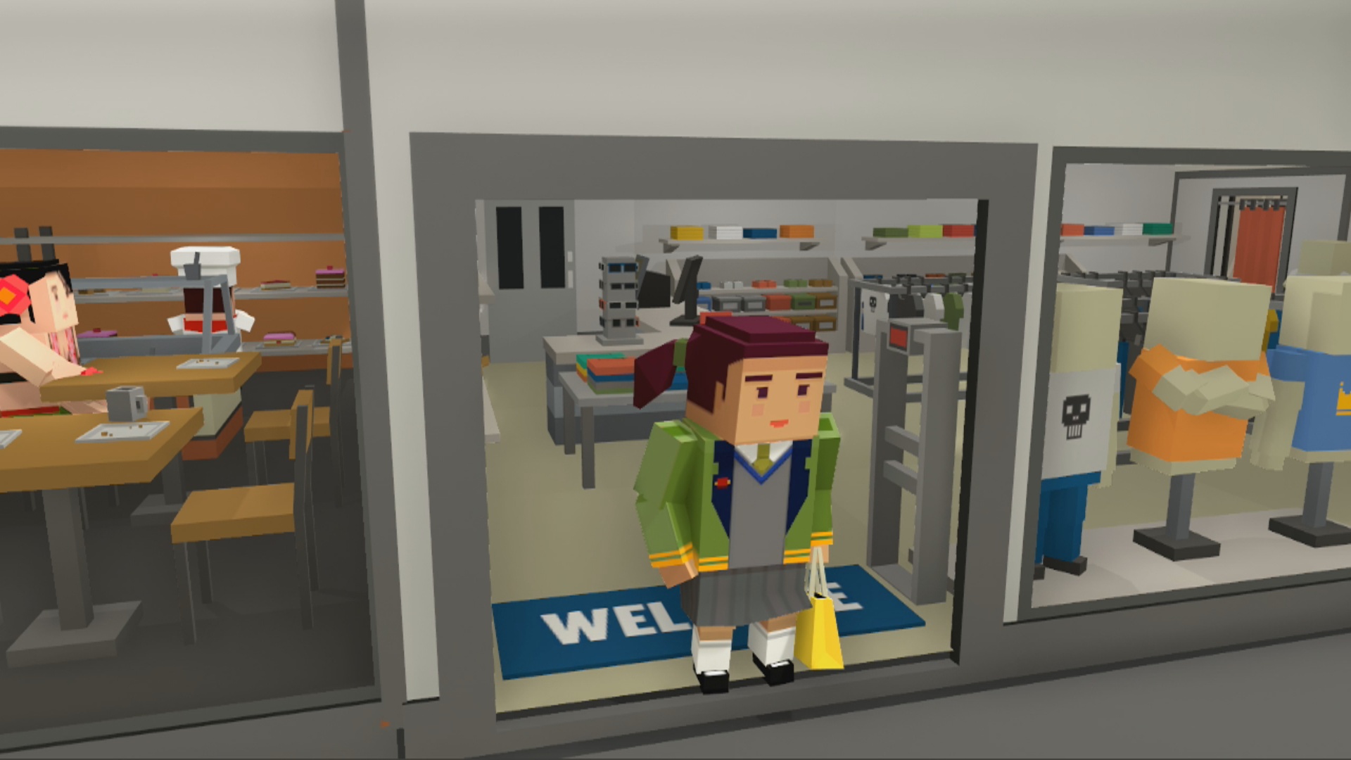 Kanciasta postać uczennicy w mundurku wychodzi ze sklepu odzieżowego, widoczny dywanik z napisem WELCOME oraz manekiny z ubraniami w tle.