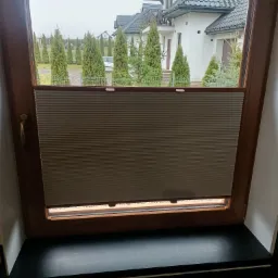 Beżowa, pozioma, plisowana osłona okienna zamontowana w oknie z drewnianą ramą; widok na posesję z tujami i domami.