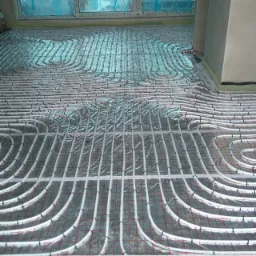 Instalacja ogrzewania podłogowego: białe rurki ułożone na siatce z czerwonymi liniami, pokryte folią aluminiową, widok z góry.