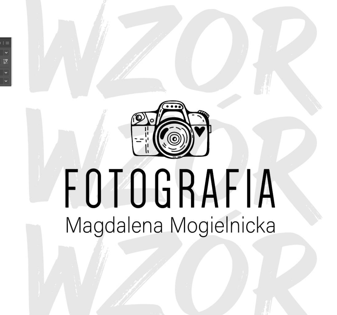 Logo firmy fotograficznej: rysunek aparatu z sercem, napis 'FOTOGRAFIA' i imię i nazwisko Magdalena Mogielnicka, na jasnym tle z rozmytym napisem 'WZÓR'.