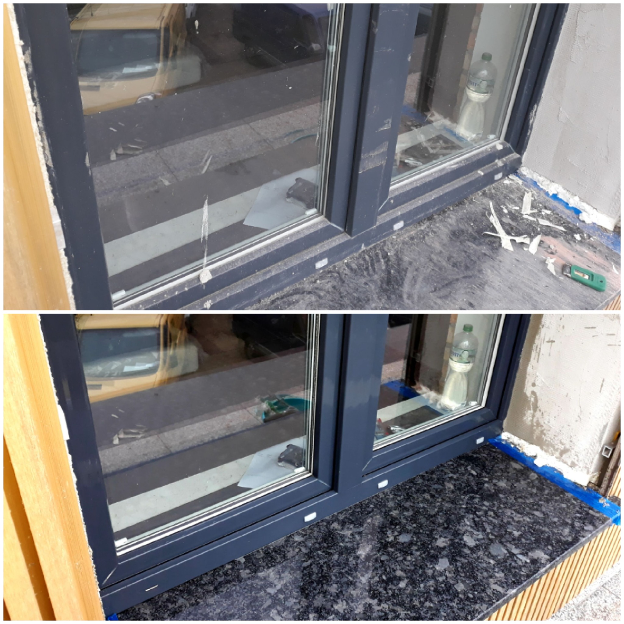 Dwuokienne, grafitowe okno po montażu. Widoczne resztki folii zabezpieczającej, butelka wody na parapecie i zielony nożyk do tapet.