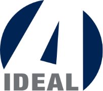 Ciemnoszary logotyp 'IDEAL' pod niebieskim okręgiem z trójkątnym wycięciem, tworzącym literę 'A'. Minimalistyczny design, wyraźny kontrast kolorów.