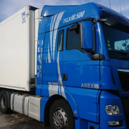 Niebieska ciężarówka MAN TGX 18.500 z białą naczepą chłodniczą, zaparkowana na brukowanym placu w słoneczny dzień.