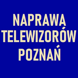 Napis 'Naprawa Telewizorów Poznań' w beżowej czcionce na ciemnoniebieskim tle, przypominający szyld reklamowy.