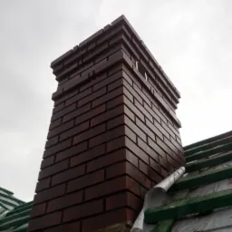 Wzniesiony z ciemnej cegły komin na tle szarego nieba, widoczna konstrukcja dachu z zielonych łat i membrany dachowej.