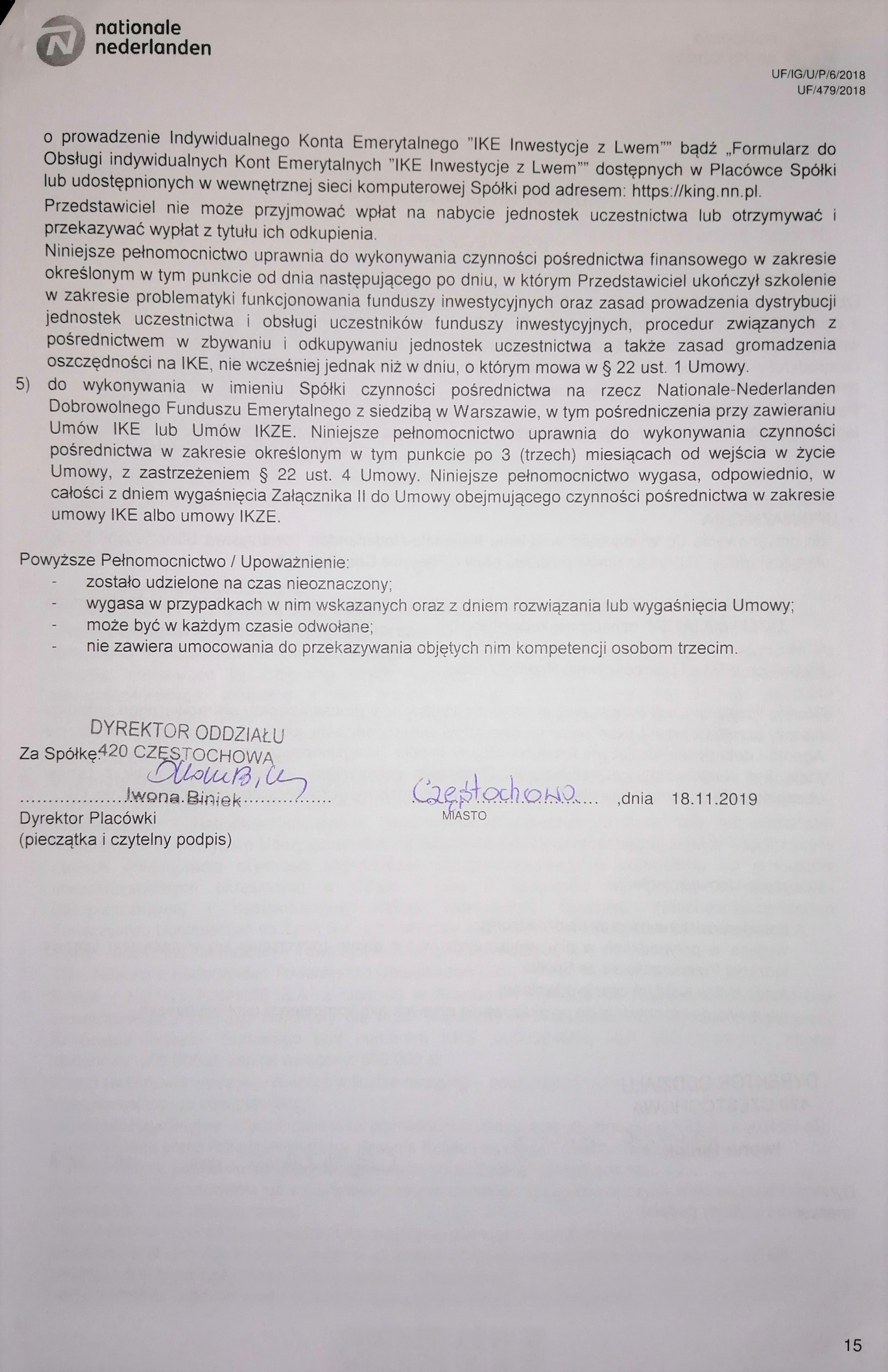 Skan pełnomocnictwa Nationale-Nederlanden z podpisem Dyrektora Oddziału w Częstochowie, datowane na 18.11.2019, dotyczące Indywidualnego Konta Emerytalnego IKE Inwestycje z Lwem.