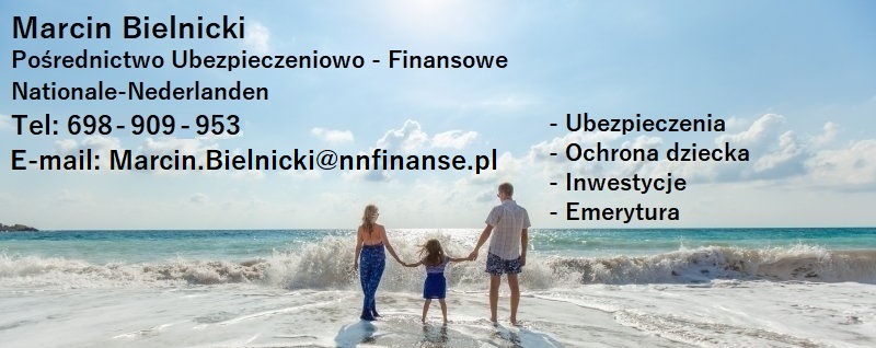 Zdjęcie reklamowe przedstawia rodzinę (matka, ojciec i córka) stojącą na plaży, z widoczną linią brzegową i rozbijającymi się falami; w górnej części grafiki umieszczono dane kontaktowe i logo...