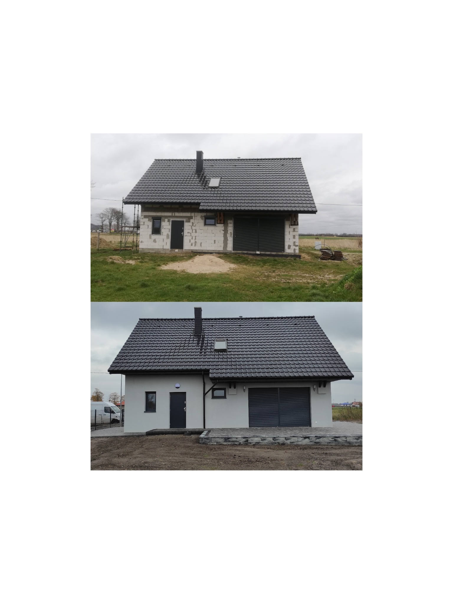 Porównanie stanu surowego i wykończonej elewacji domu jednorodzinnego z ciemną dachówką i szarymi roletami zewnętrznymi.