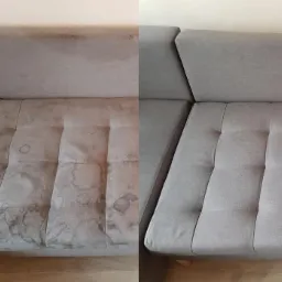 Porównanie stanu sofy przed i po praniu tapicerki: widoczne plamy i zabrudzenia usunięte, odświeżony wygląd.