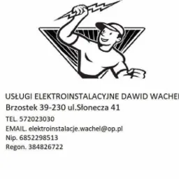 Logo firmy elektroinstalacyjnej Dawid Wachel z adresem, numerem telefonu, adresem email, NIP i REGON, przedstawiające uśmiechniętego elektryka trzymającego błyskawicę w dłoni, umieszczone w trójkącie.