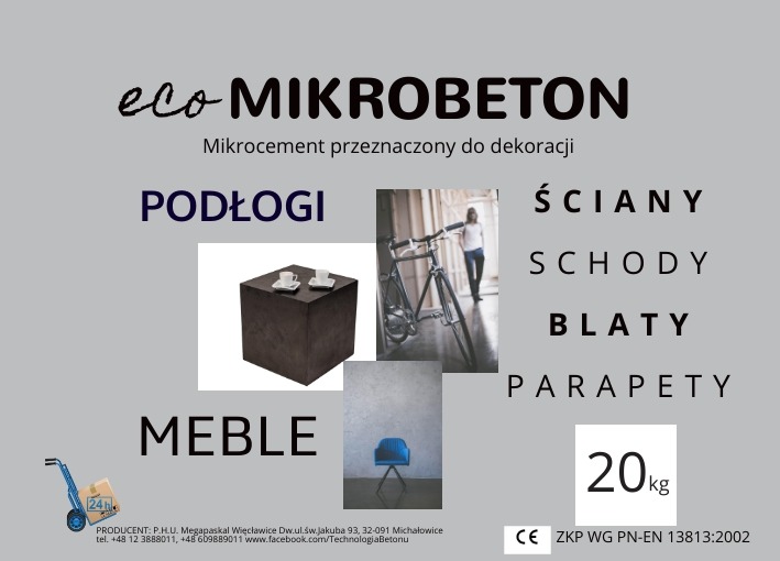 Grafika reklamowa prezentująca mikrocement do dekoracji, z przykładami zastosowań na podłogach, ścianach, schodach, blatach, parapetach oraz meblach, z logo 'eco MIKROBETON' i informacjami...